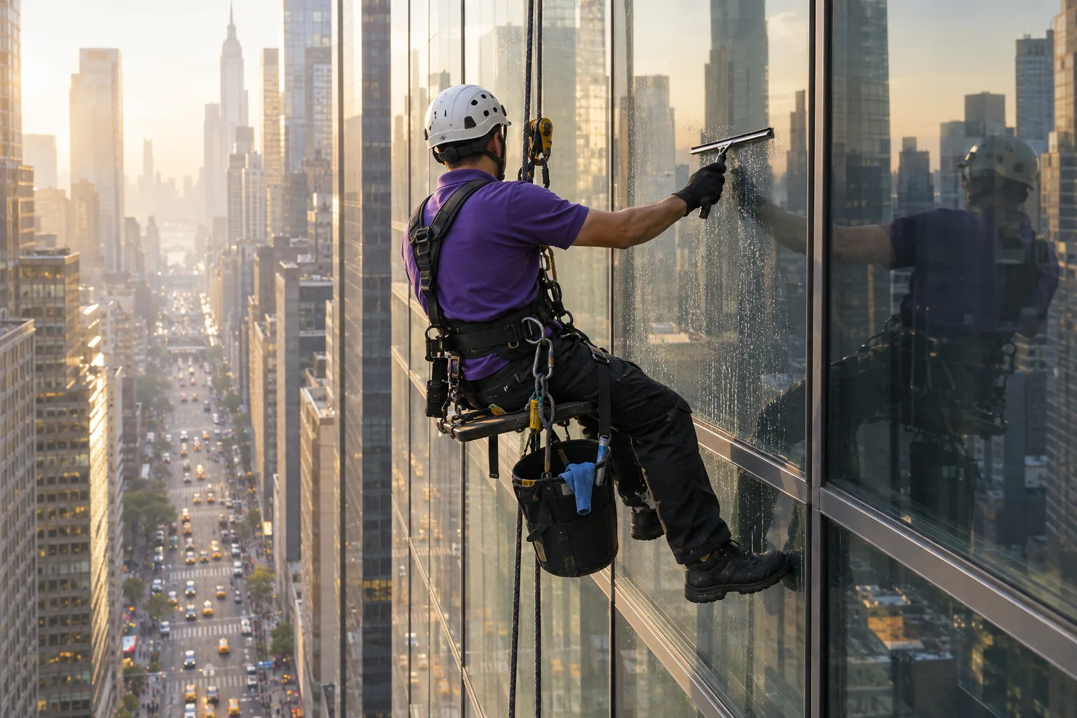 Window cleaner on rope access cleaning the glass facade of a Manhattan office tower