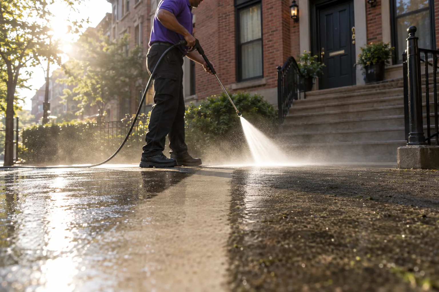 Pressure washing a concrete driveway in front of a Brooklyn townhouse
