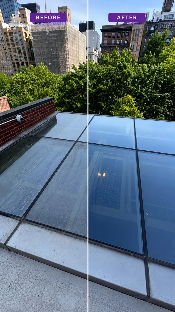 Before and after comparison of a rooftop skylight cleaned by Purple Window Cleaning