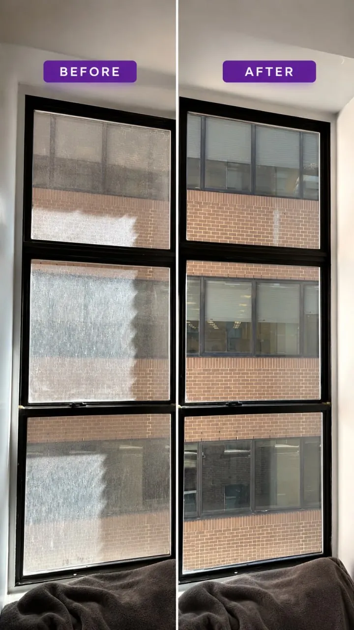 Before and after comparison of a grimy office window cleaned by Purple Window Cleaning