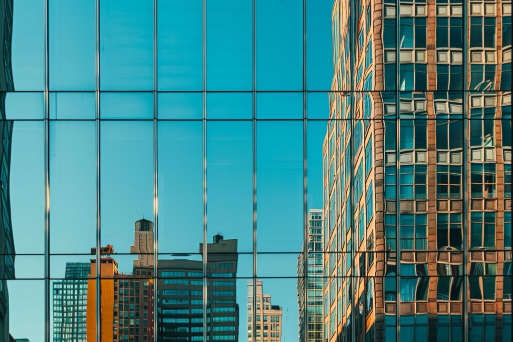 NYC skyline reflected in a glass facade
