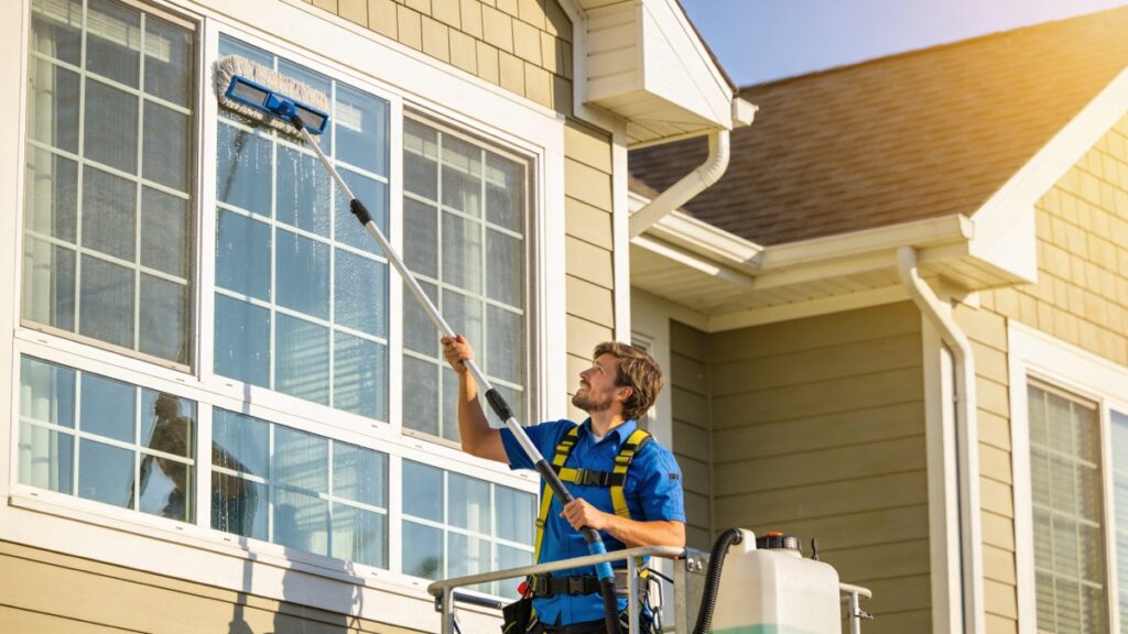 Professional cleaning residential house windows from a lift