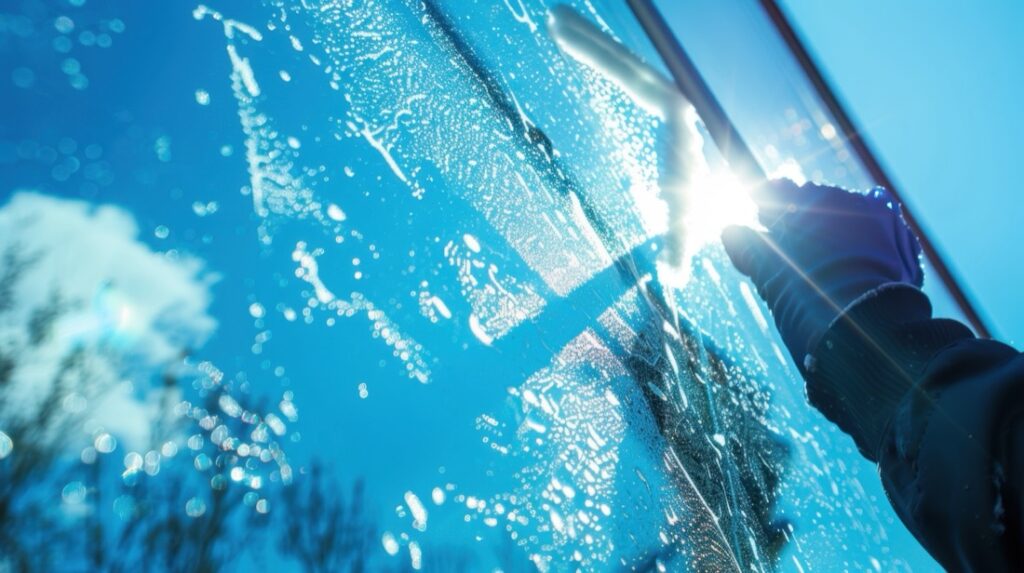 Squeegee cleaning a soapy window against blue sky