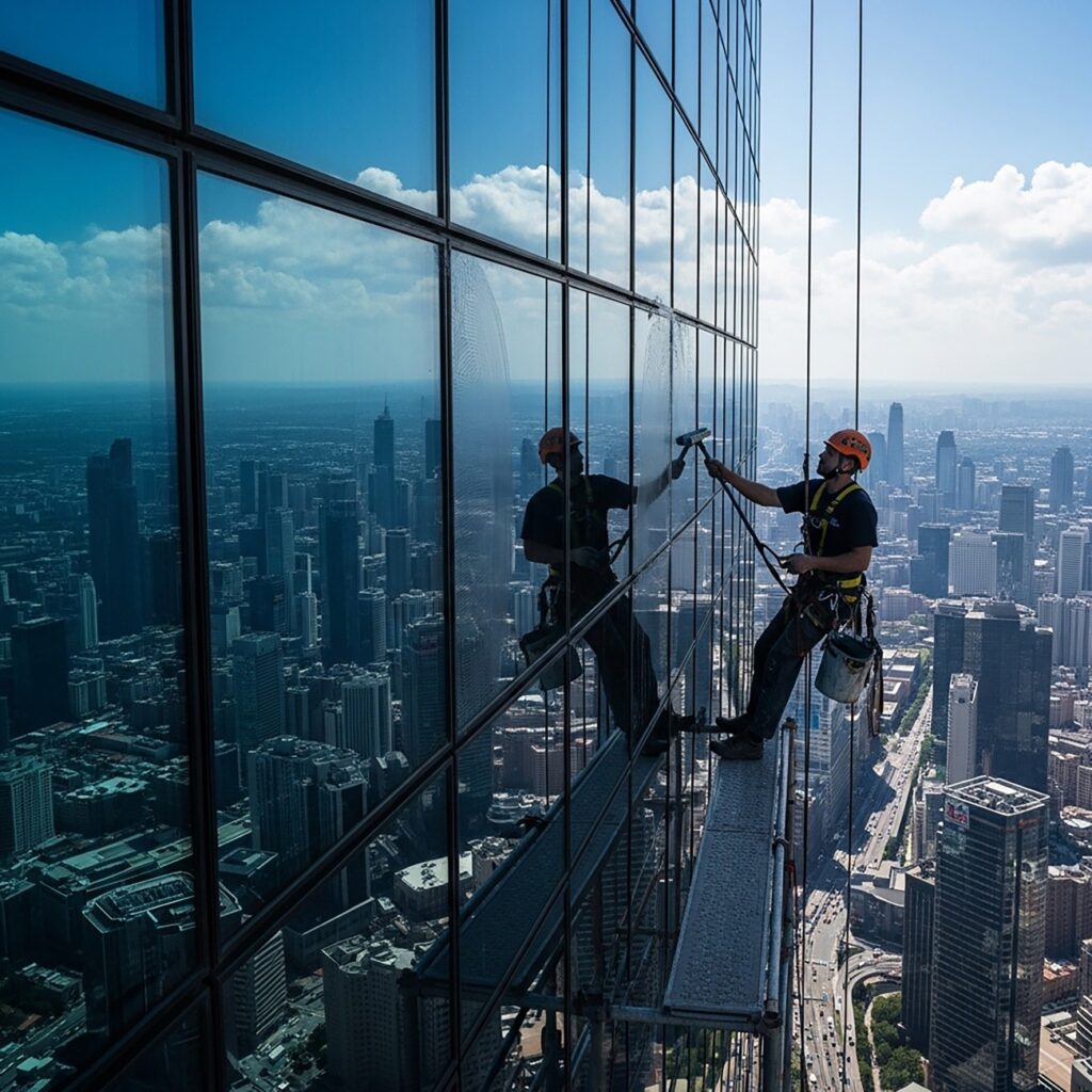 Two rope-access window cleaners on a high-rise glass tower above the city