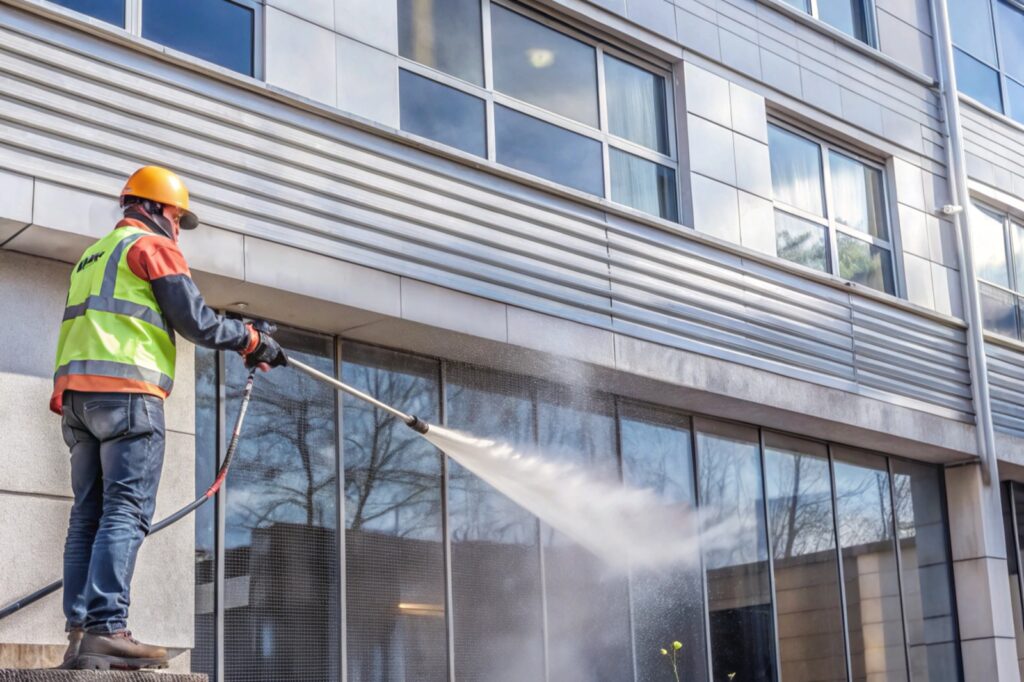 Technician pressure washing a building exterior