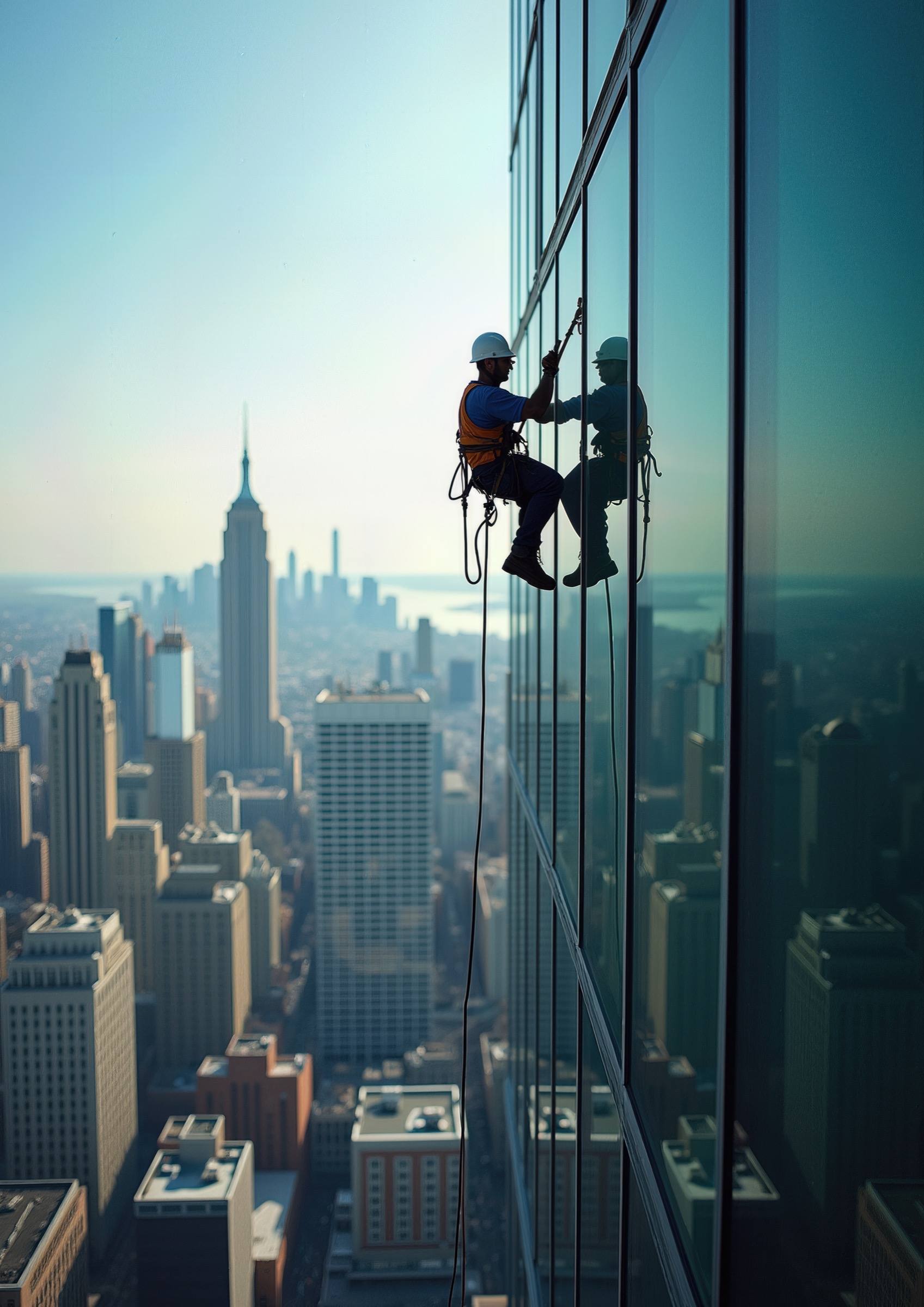 Rope-access window washers cleaning a high-rise glass facade above the New York City skyline