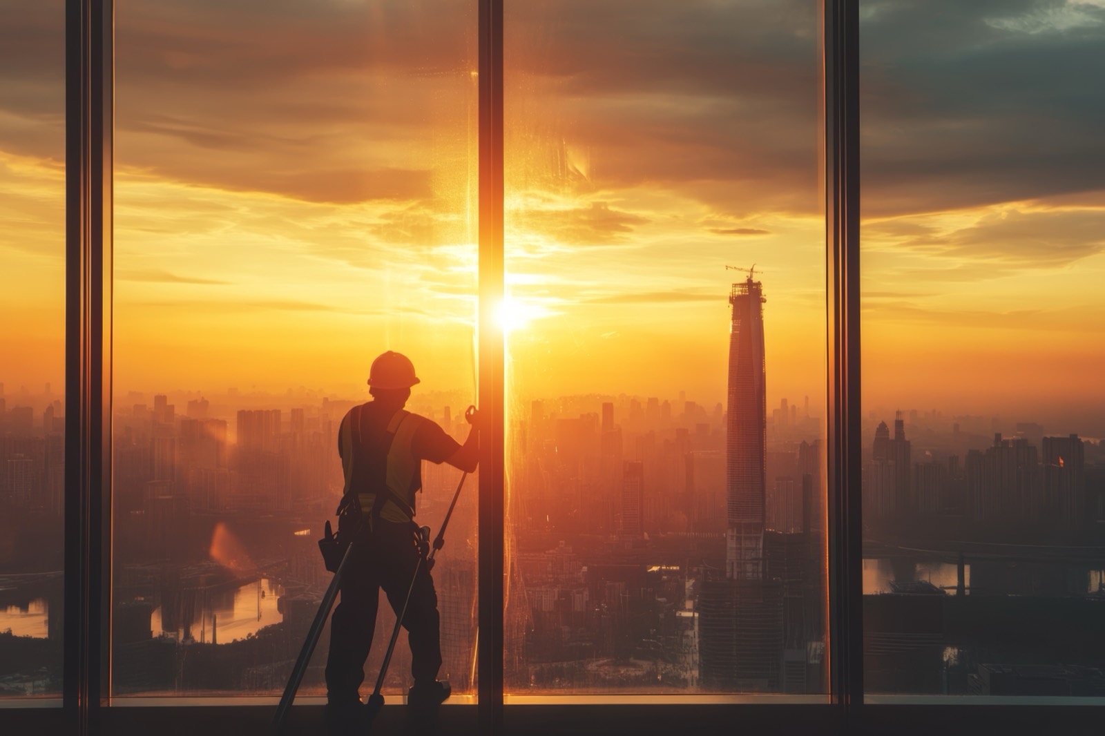 Window cleaner silhouetted against a city skyline at sunset