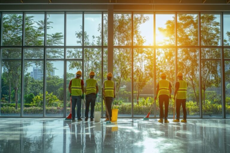 Cleaning team servicing a building interior