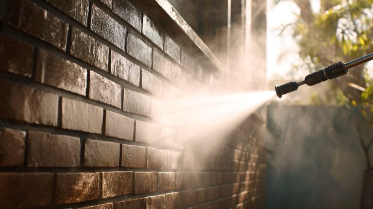 Pressure washing a building exterior wall