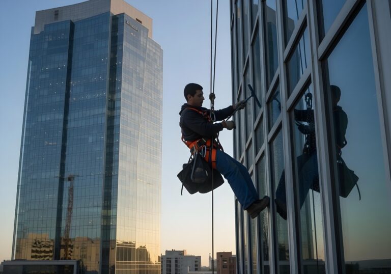 Rope-access window cleaner on a high-rise at dusk